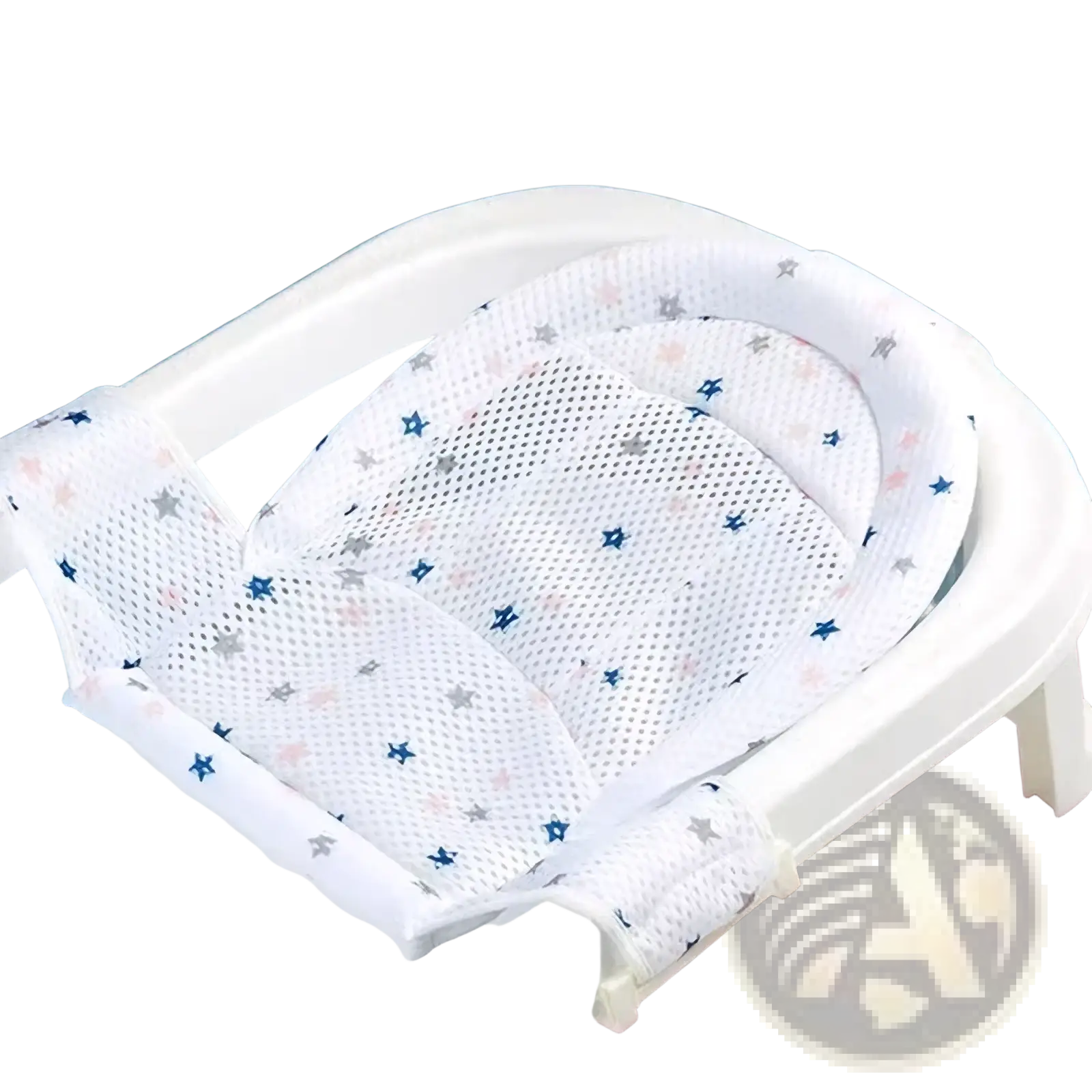 White mesh baby bath net mat with adjustable newborn support cushion and blue pink gray star pattern