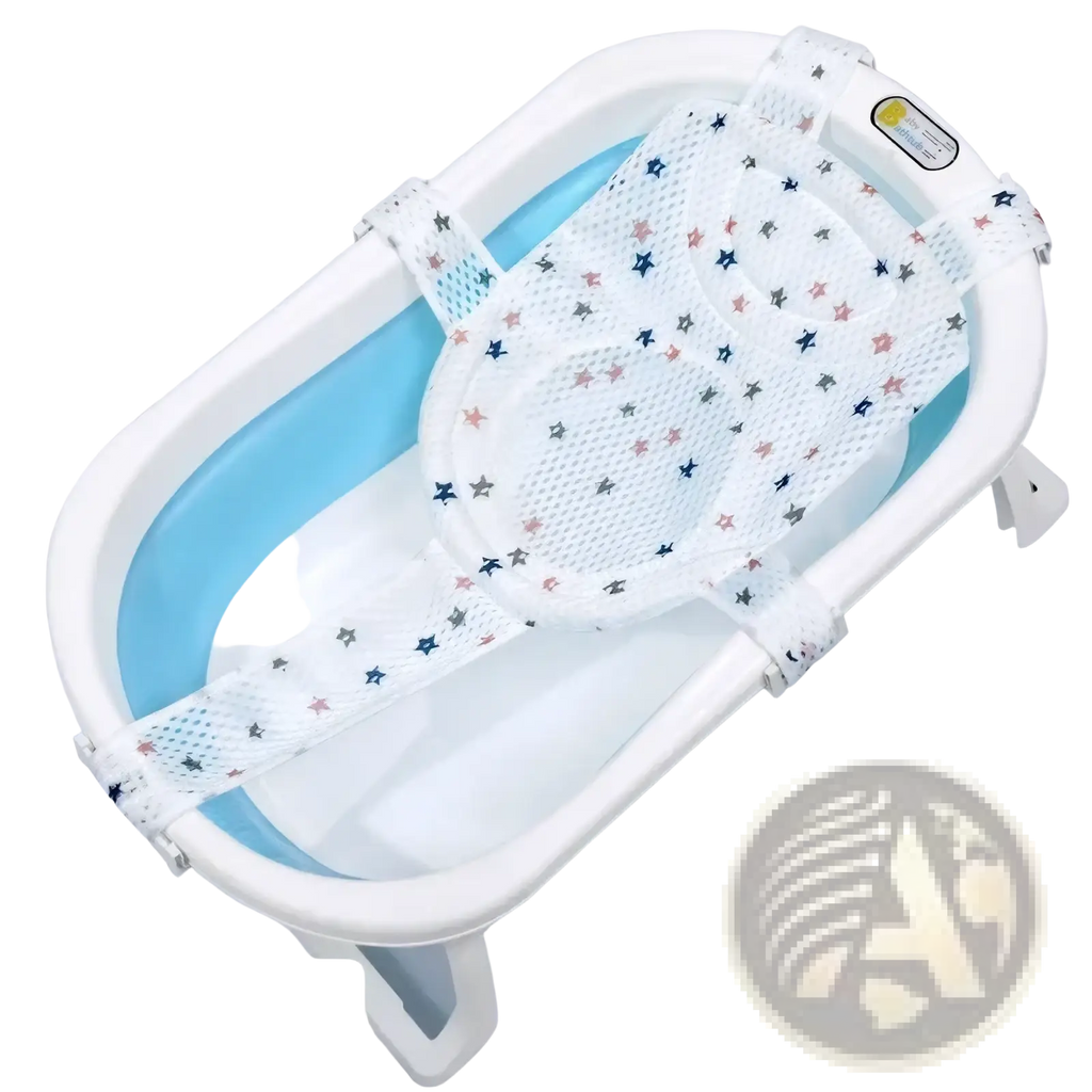 Baby bath net mat with white star-patterned mesh and adjustable straps placed inside a blue infant basin