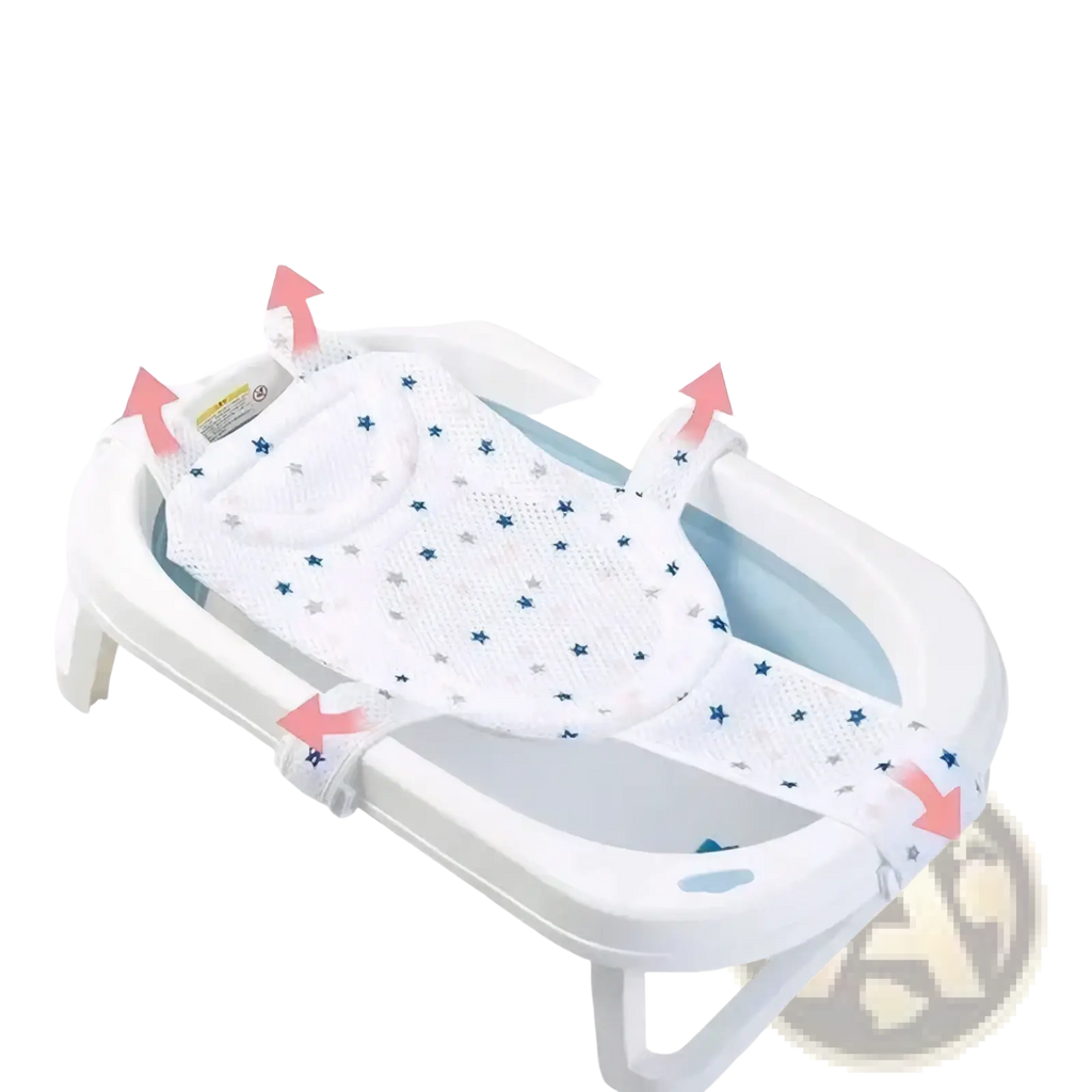 White star-patterned mesh baby bath net mat with adjustable straps and soft padding for newborn support