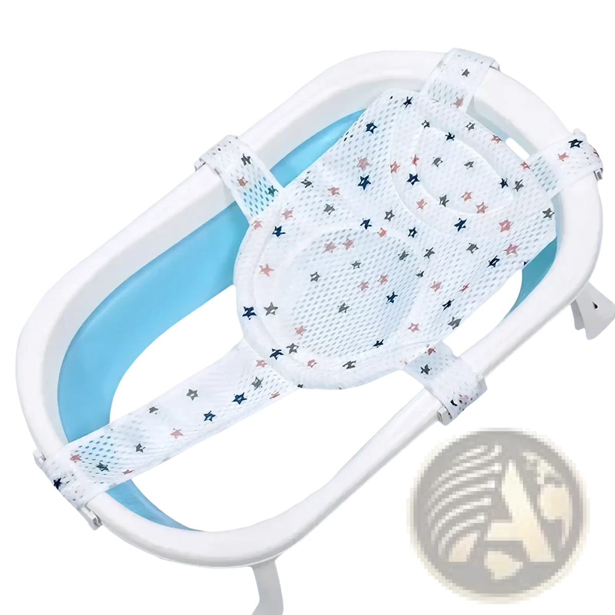 White mesh baby bath net mat with star pattern and adjustable straps for secure newborn support in bathtub