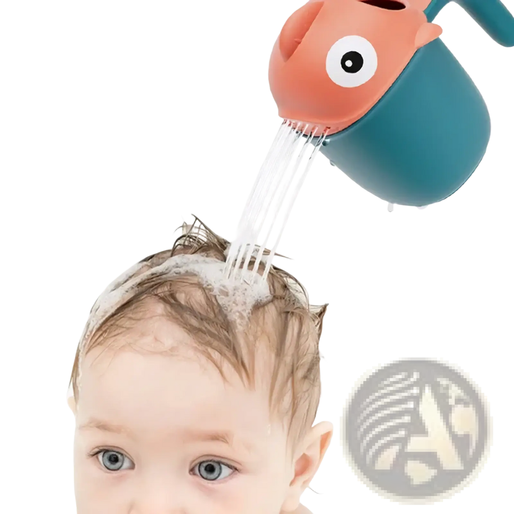 Baby bath rinse cup fish shower head in coral and teal with a single large eye designed for gentle rinsing