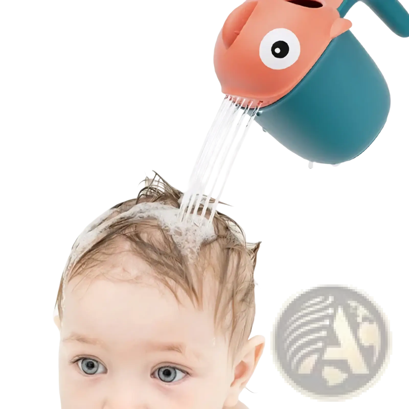 Baby bath rinse cup fish shower head in coral and teal with a single large eye designed for gentle rinsing