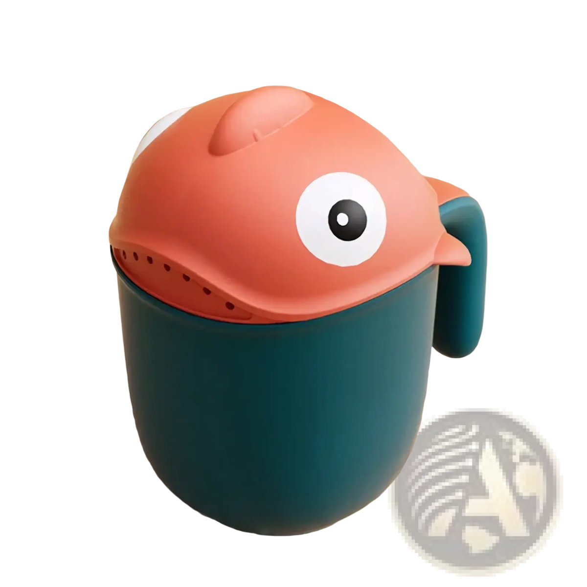 Cute coral-colored fish-shaped baby bath rinse cup strainer with teal mug base and white eye detail for shower use