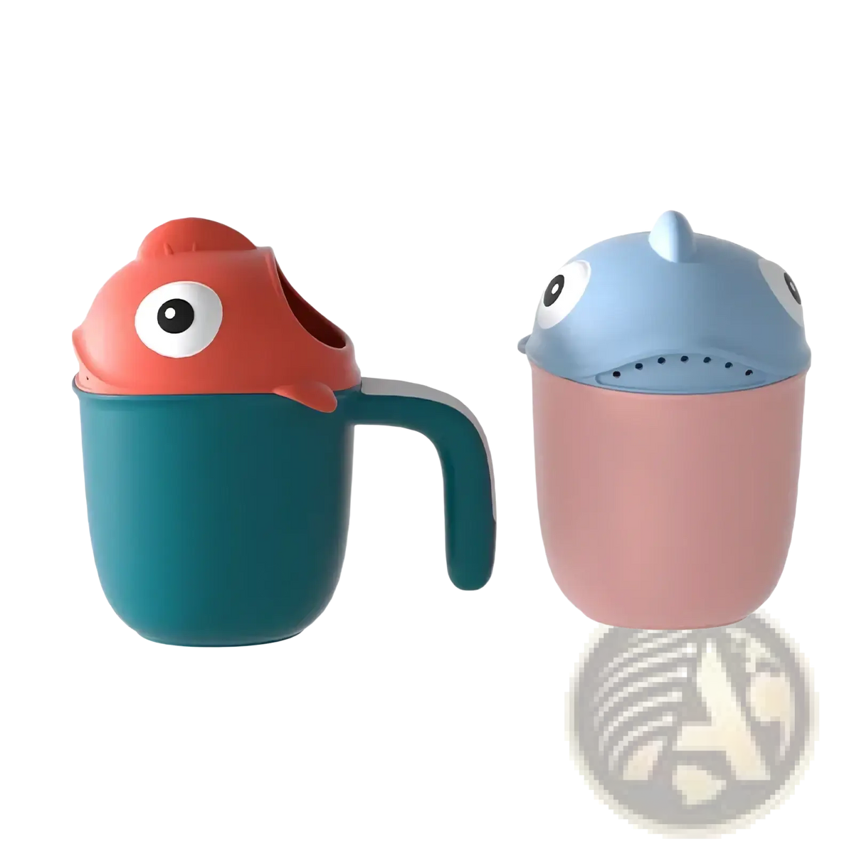 Cute two-piece plastic baby bath rinse cups with fish and shark designs red-orange teal blue pink and handles for grip