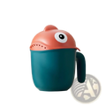 Teal plastic baby bath rinse cup with coral shark lid featuring one large white eye and perforated teeth for shower use