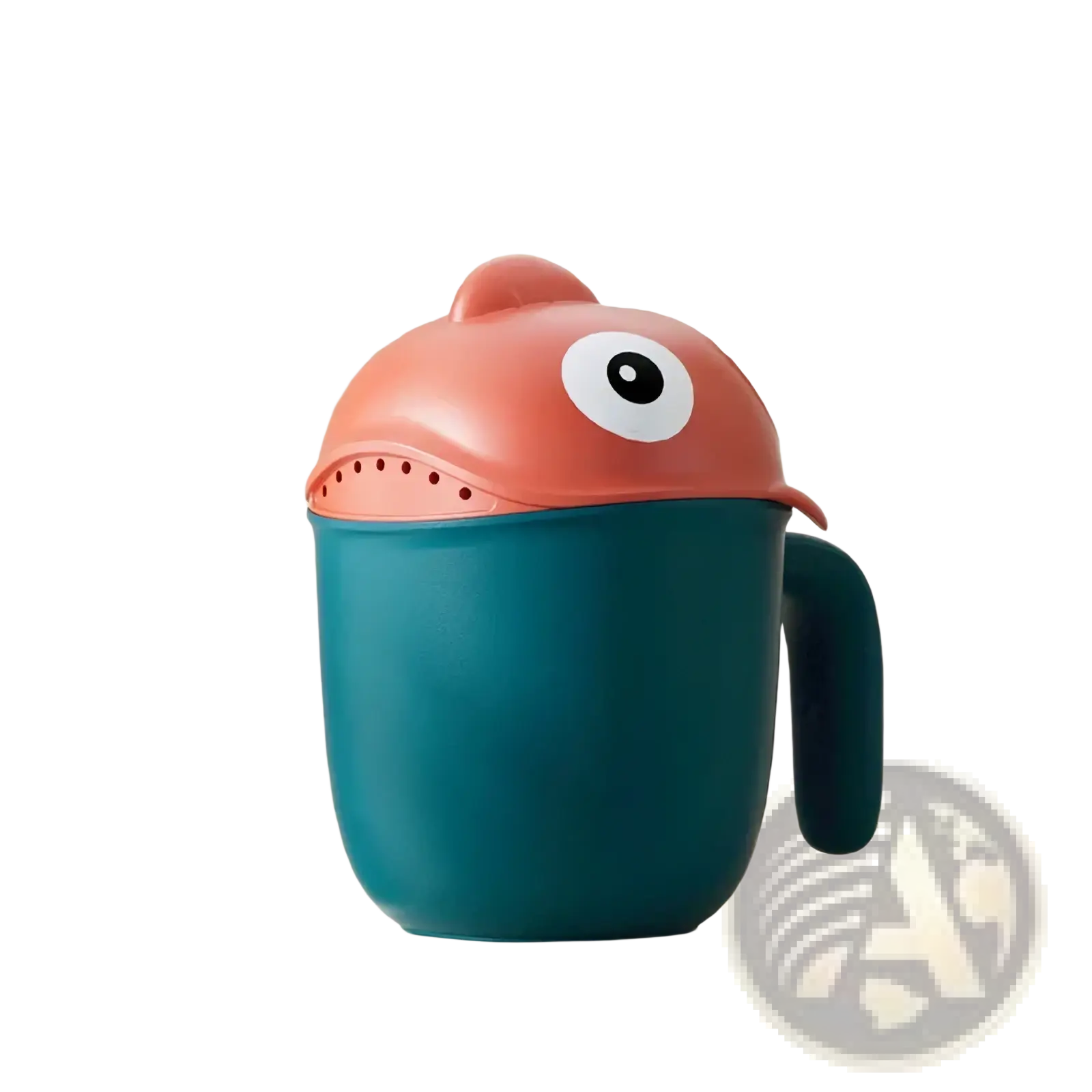 Teal plastic baby bath rinse cup with coral shark lid featuring one large white eye and perforated teeth for shower use