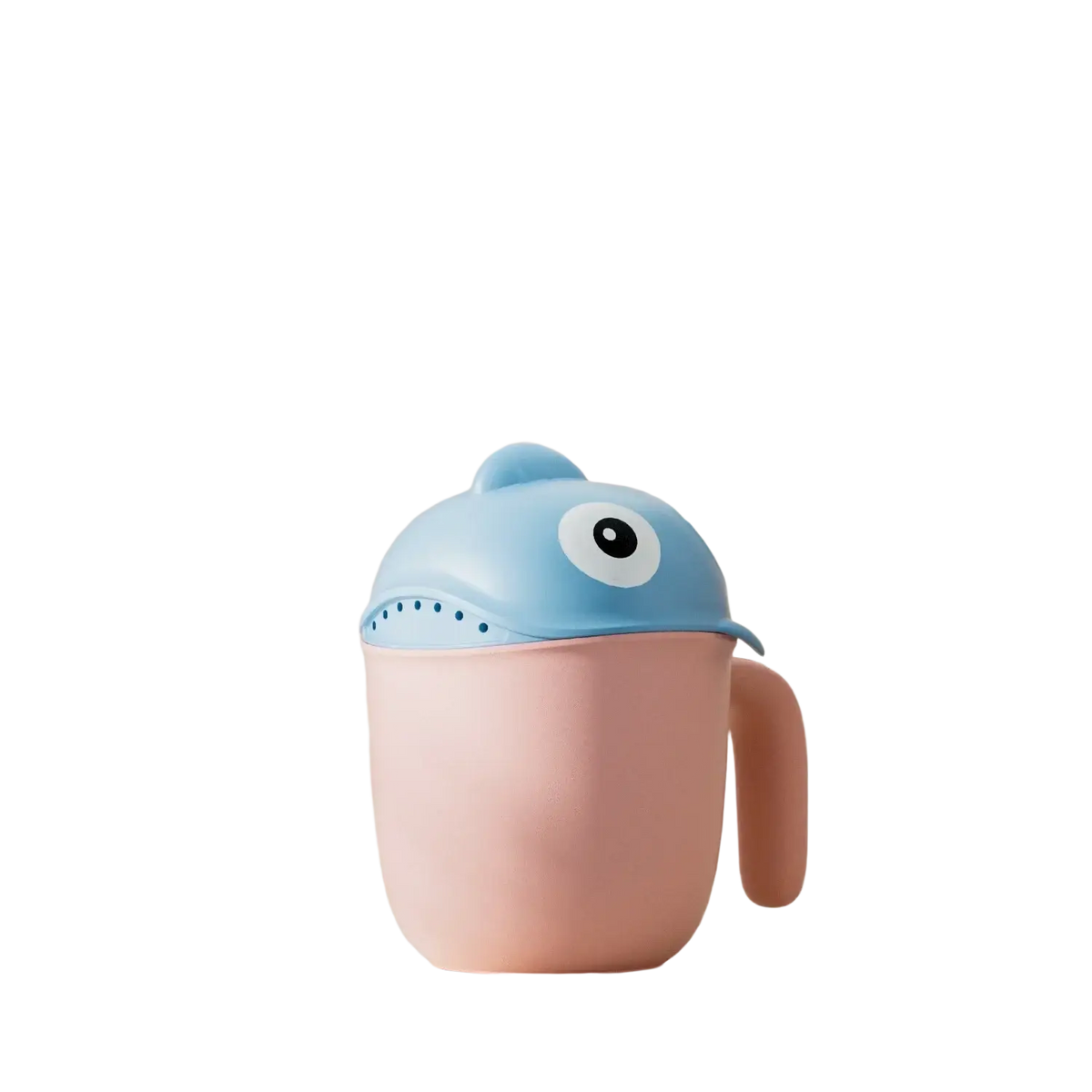 Pink plastic baby bath rinse cup with light blue whale shaped lid featuring one large eye and dotted teeth