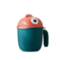 Teal plastic baby bath rinse cup with coral shark lid featuring one large white eye and perforated teeth for shower use
