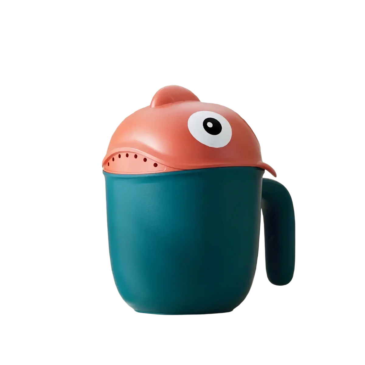 Teal plastic baby bath rinse cup with coral shark lid featuring one large white eye and perforated teeth for shower use