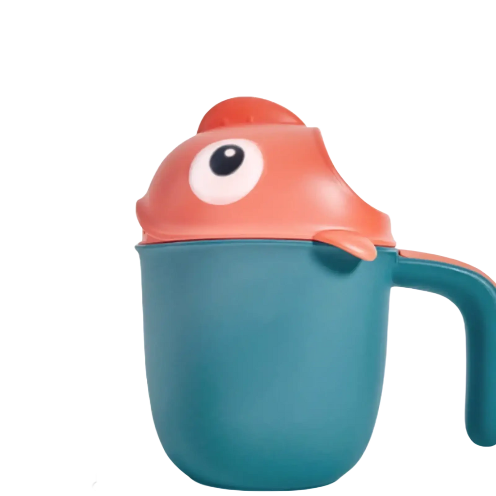 Teal plastic baby bath rinse cup with coral fish shaped lid featuring one large white eye and small fins for shower use