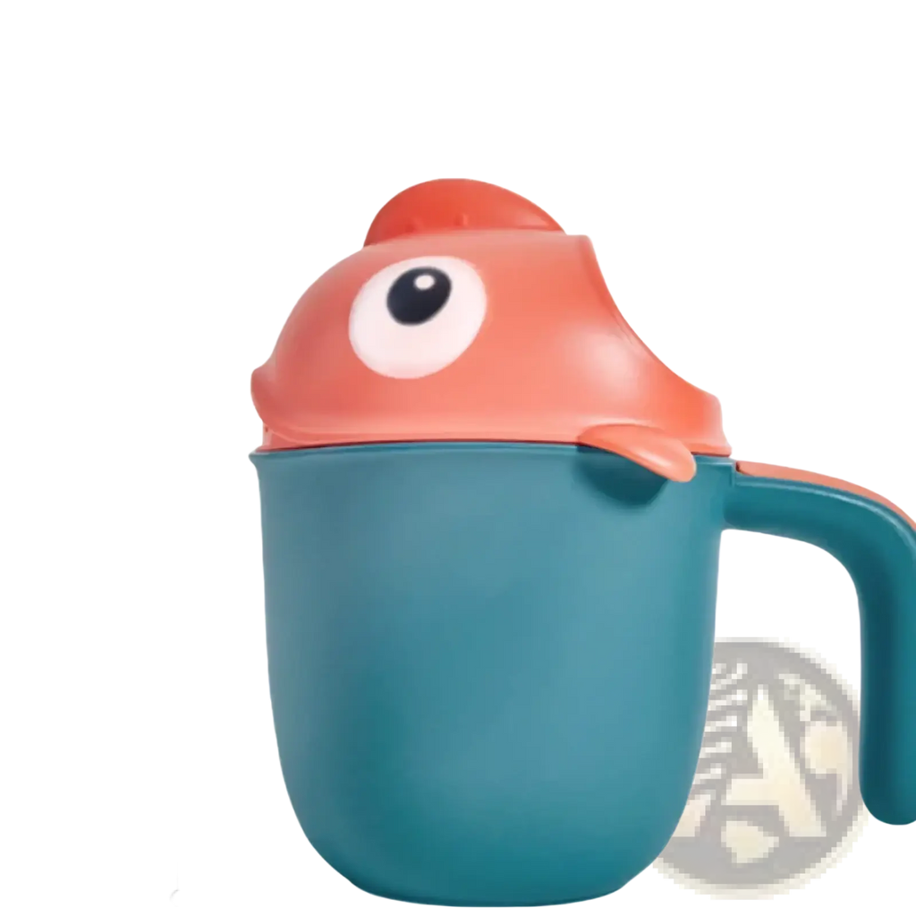 Teal plastic baby bath rinse cup with coral fish shaped lid featuring one large white eye and small fins for shower use