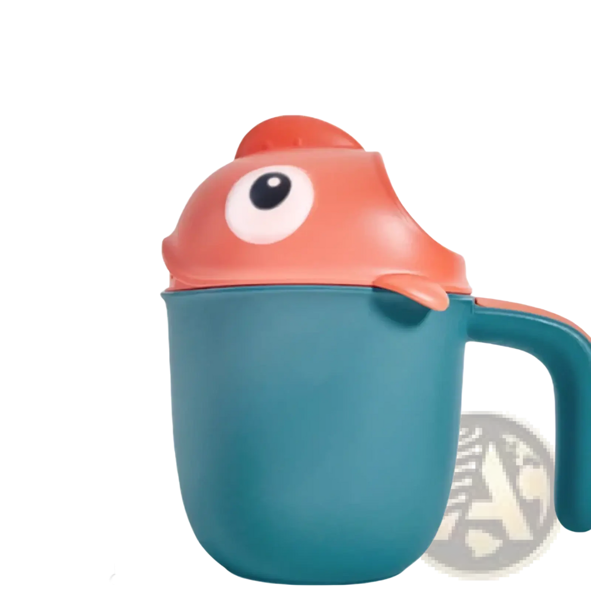 Teal plastic baby bath rinse cup with coral fish shaped lid featuring one large white eye and small fins for shower use