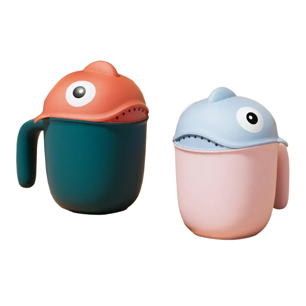 Two colorful cartoonish shark-shaped baby bath rinse cup fish shower head strainers with oversized eyes and smiling mouths