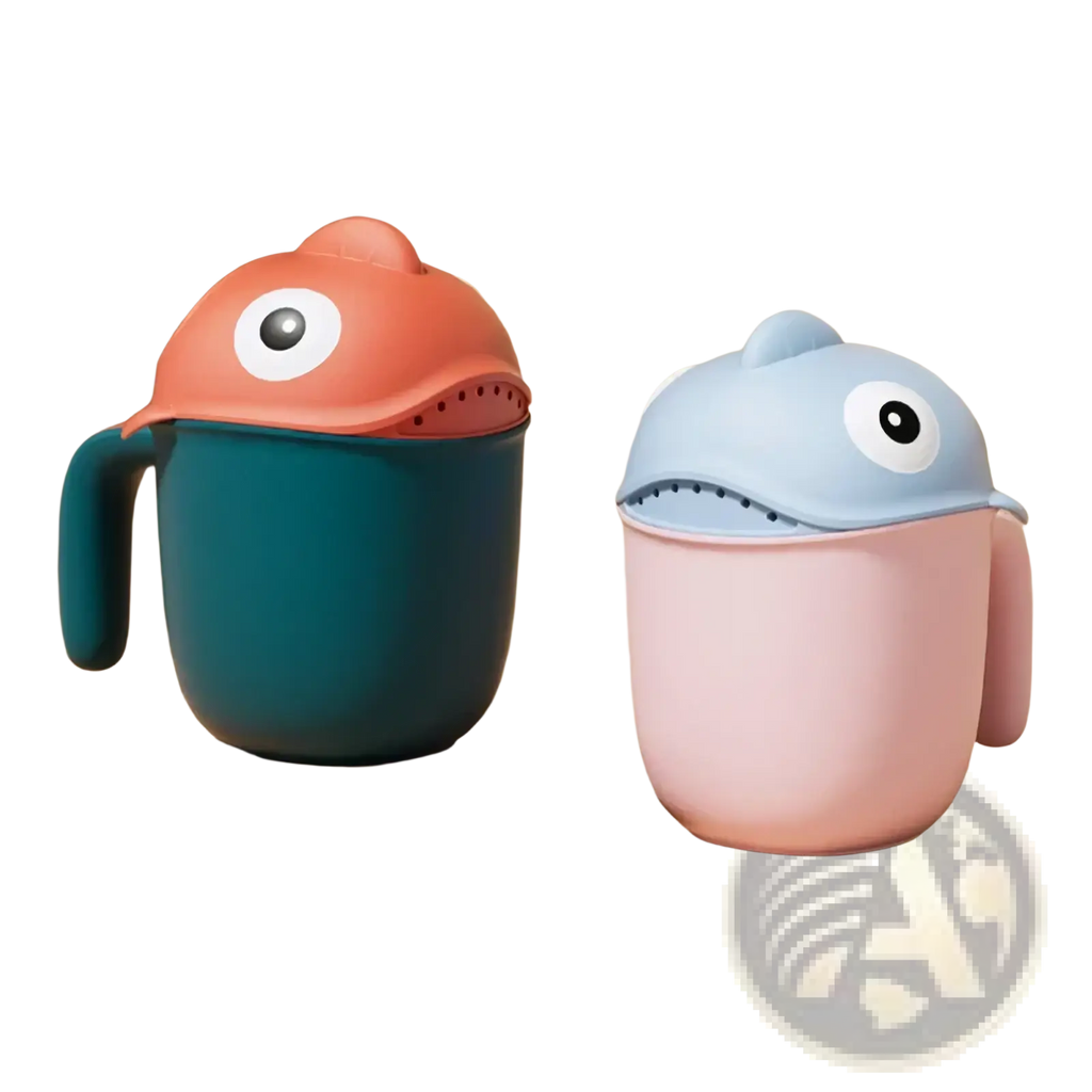 Two colorful cartoonish shark-shaped baby bath rinse cup fish shower head strainers with oversized eyes and smiling mouths