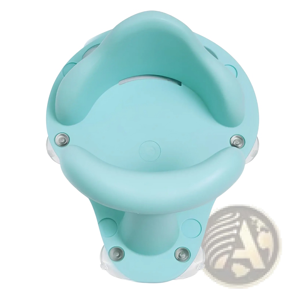 A light blue silicone baby bath seat with suction cups and a curved backrest for anti slip safety