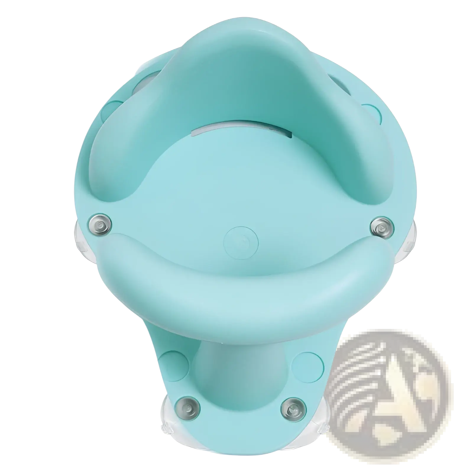 A light blue silicone baby bath seat with suction cups and a curved backrest for anti slip safety