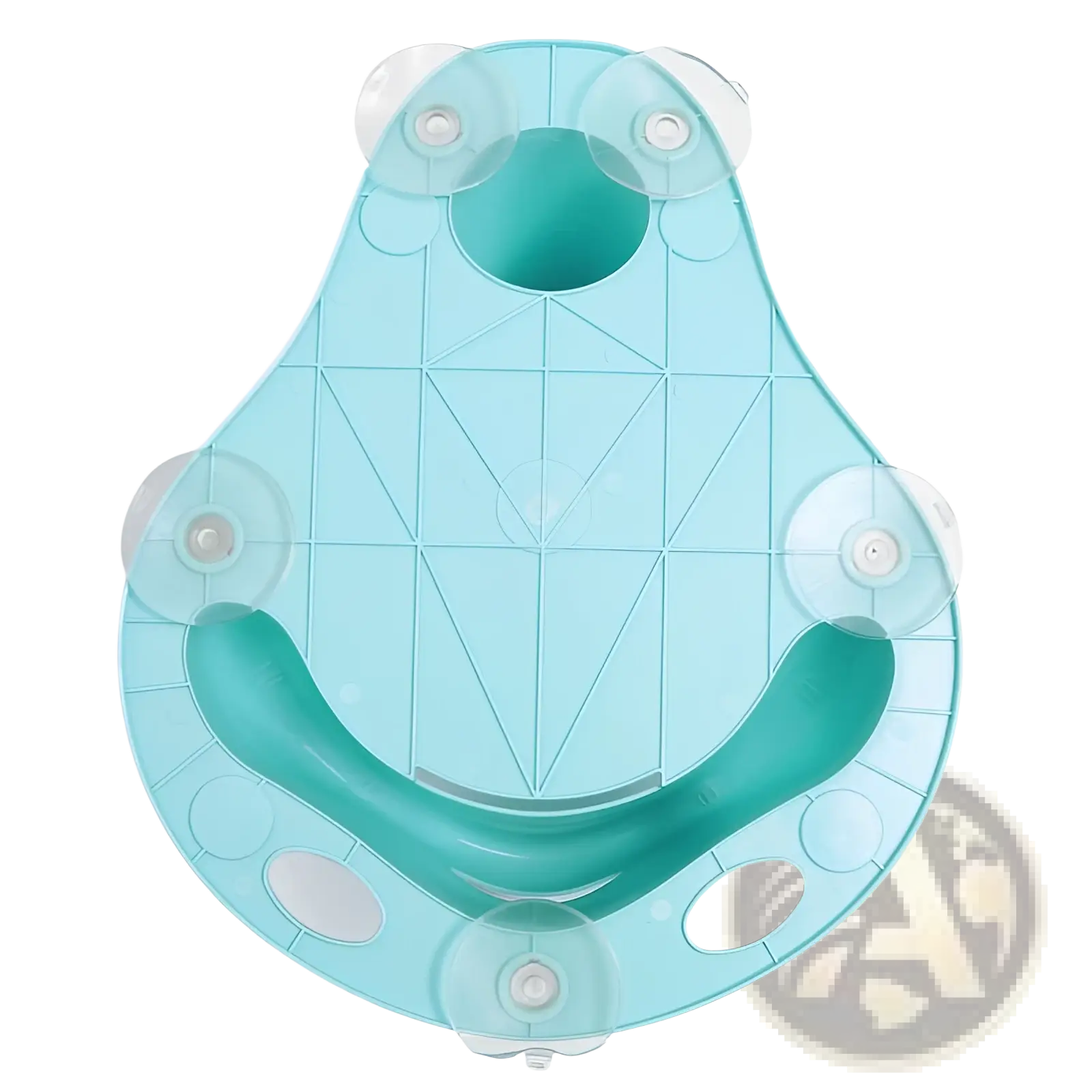 Light blue plastic baby bath seat with suction cups for wall mounting providing anti slip safety support