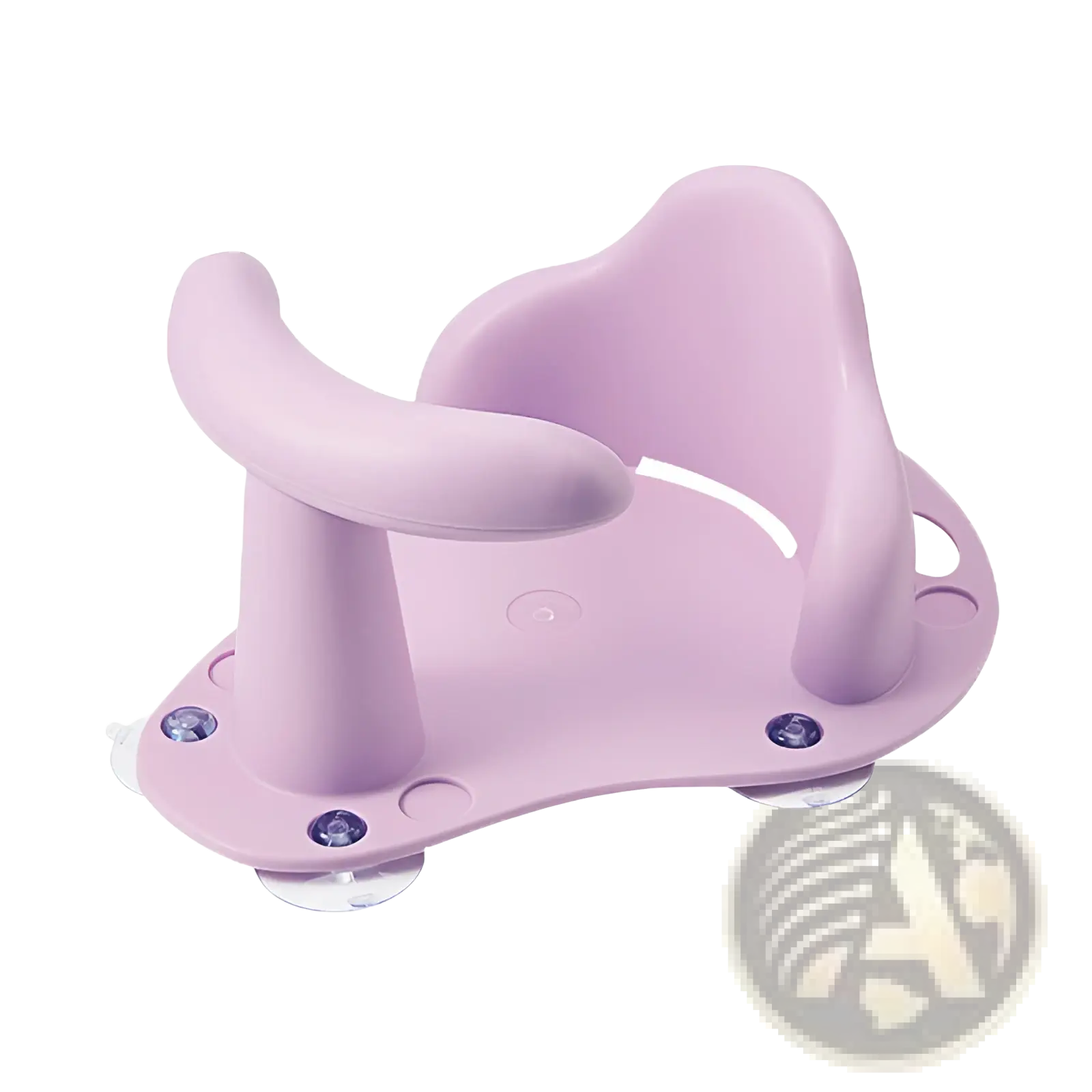 Pastel purple plastic baby bath seat with curved armrests and suction cups for anti slip safety during bathing