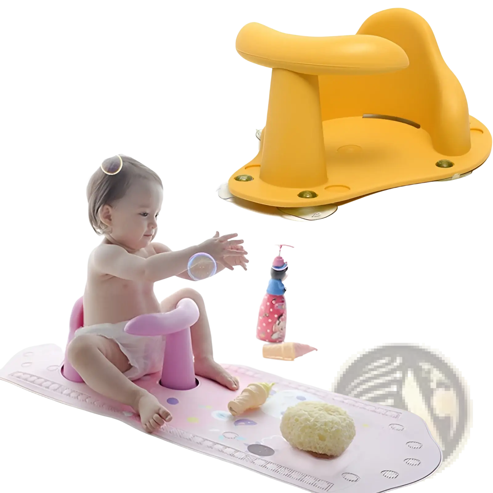 Yellow plastic baby bath seat with suction cups and curved backrest for anti slip safety during bathing