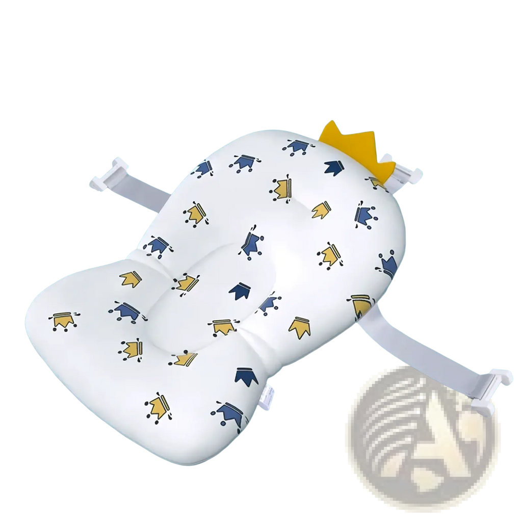 White pandube baby bath seat with blue and yellow crown patterns and adjustable straps for newborn tub support cushion