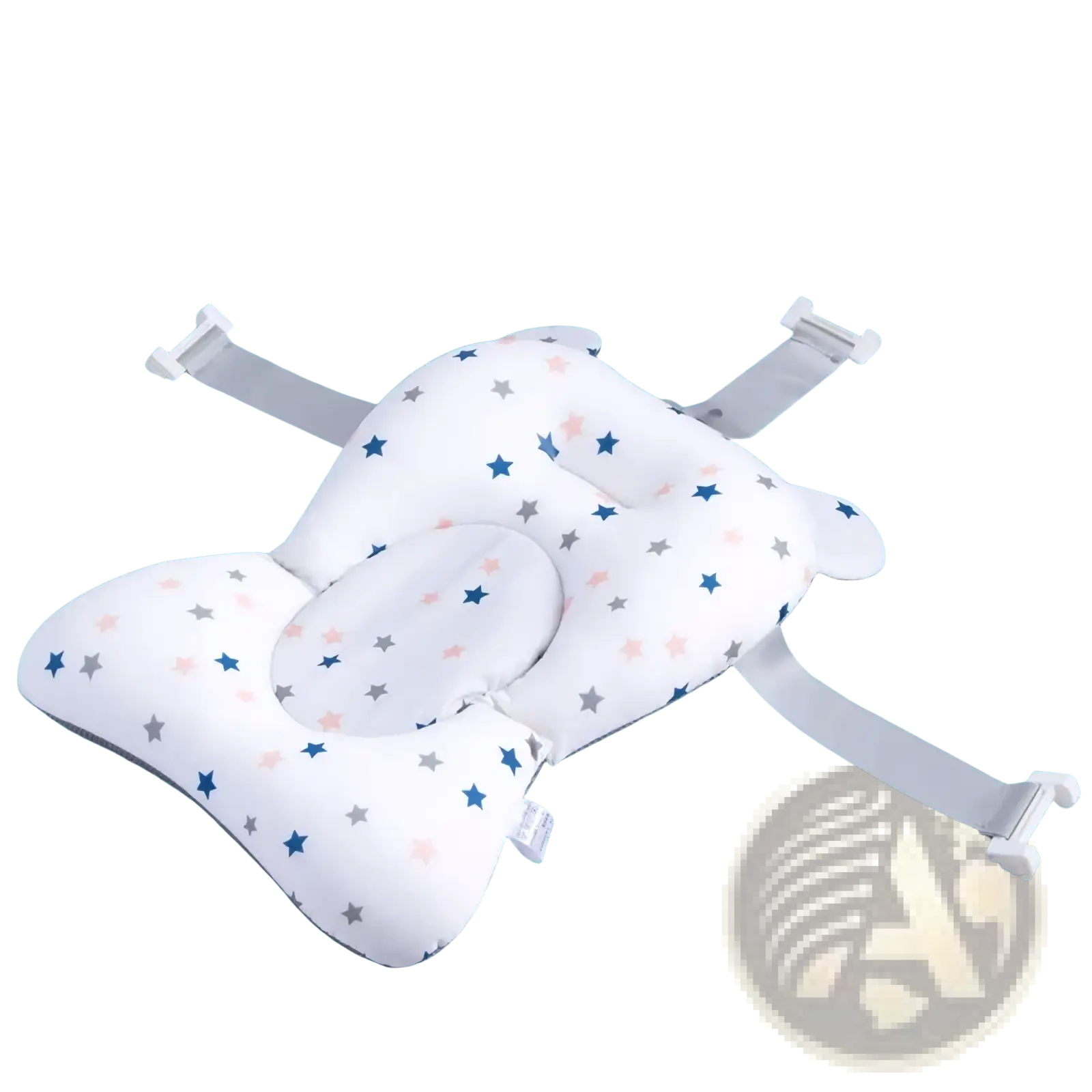 White star-patterned baby bath seat floating newborn tub support cushion with soft fabric and adjustable straps