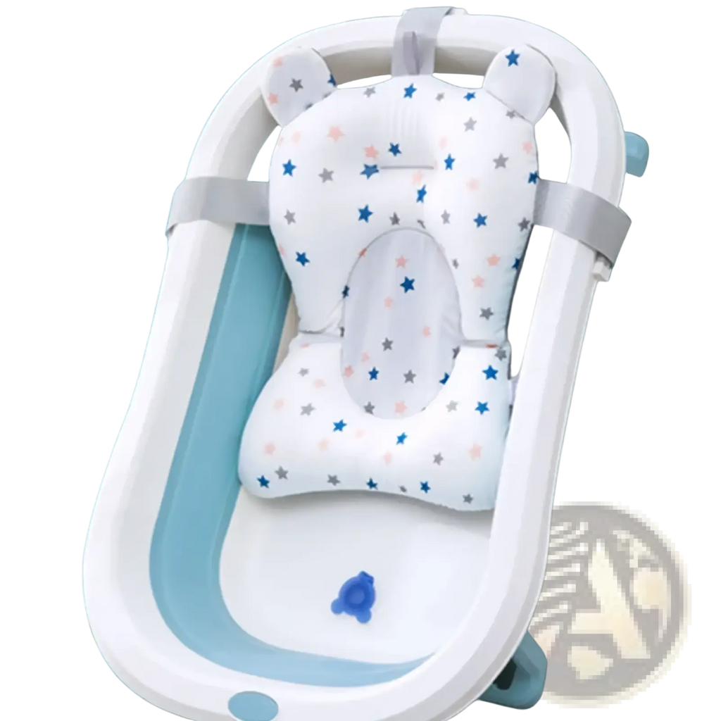 White and blue star-patterned baby bath seat with bear ear accents designed for safety and comfort in a newborn tub