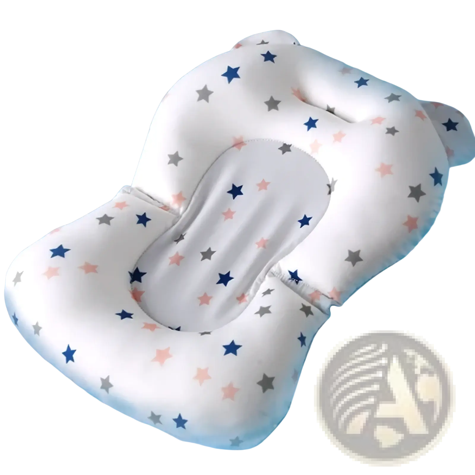 White inflatable baby bath seat floating newborn tub support cushion with blue gray and pink star pattern