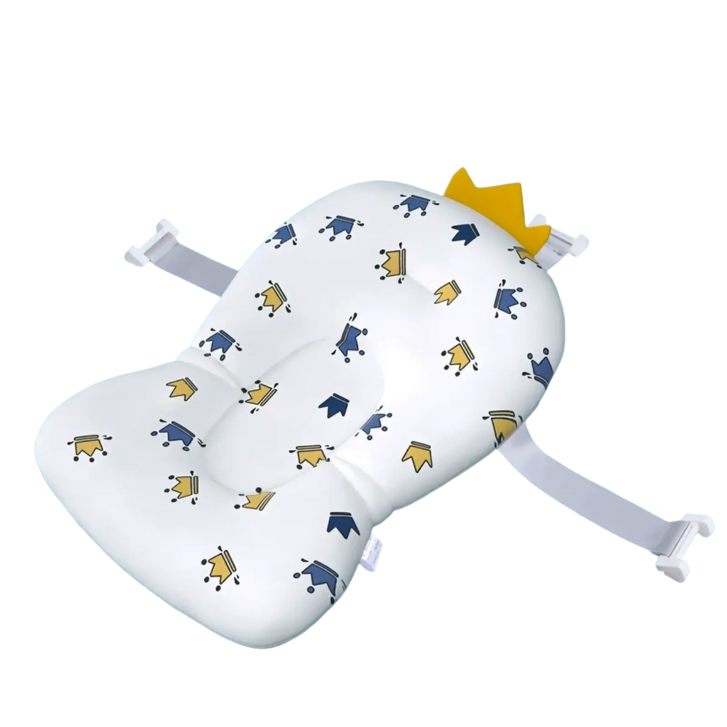 White pandube baby bath seat with blue and yellow crown patterns and adjustable straps for newborn tub support cushion