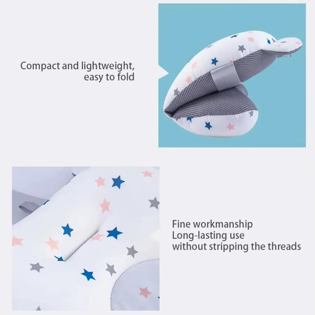White star-patterned travel pillow with gray mesh interior and adjustable strap for baby bath seat floating tub support cushion