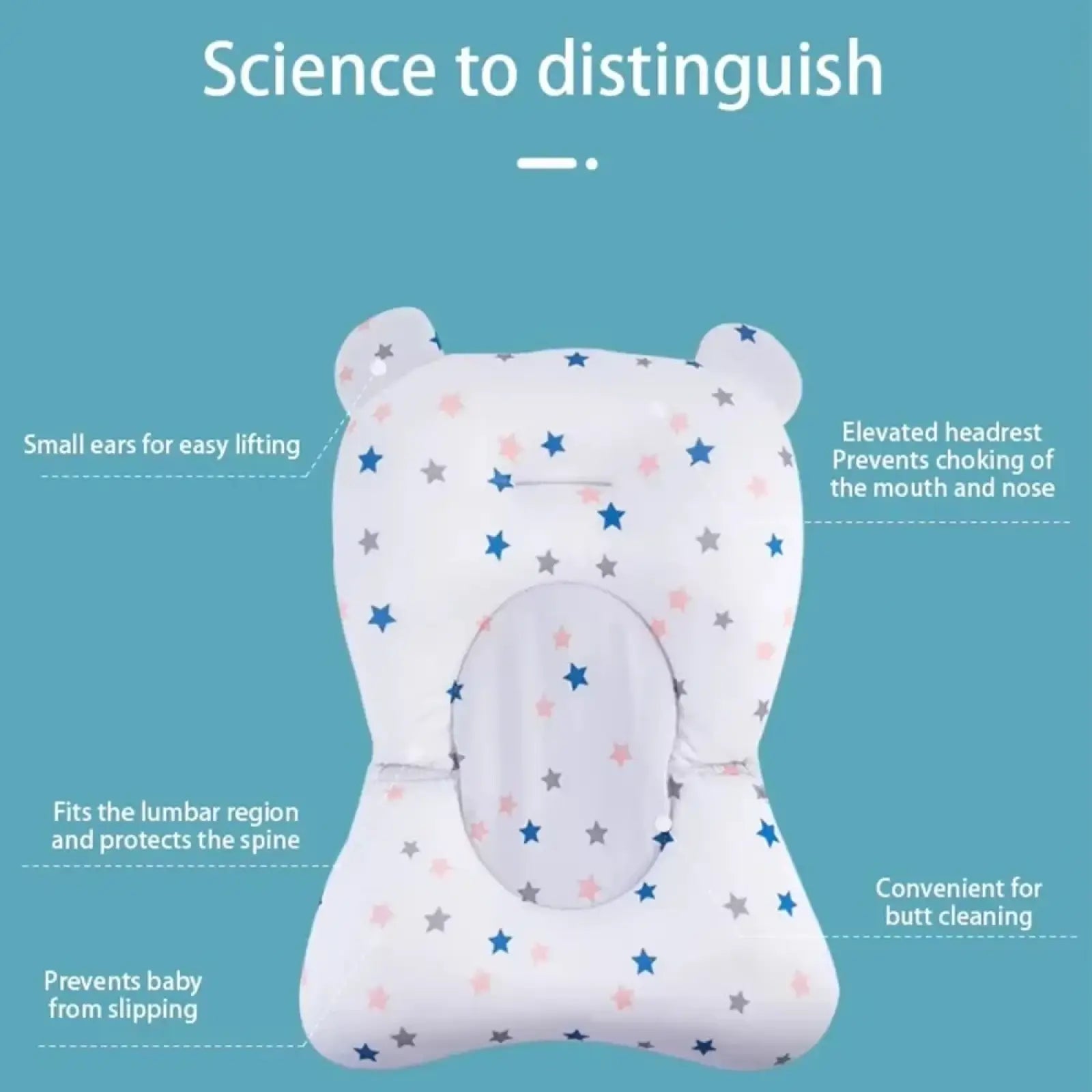 Baby bath seat floating newborn tub support cushion with white star pattern soft plush material and bear shaped ears