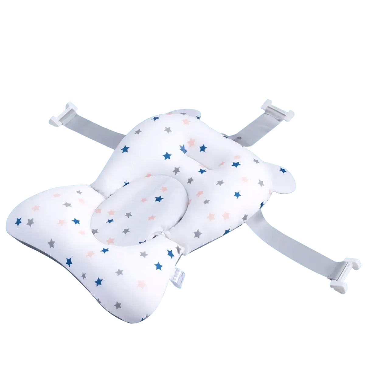 White star-patterned baby bath seat floating newborn tub support cushion with soft fabric and adjustable straps