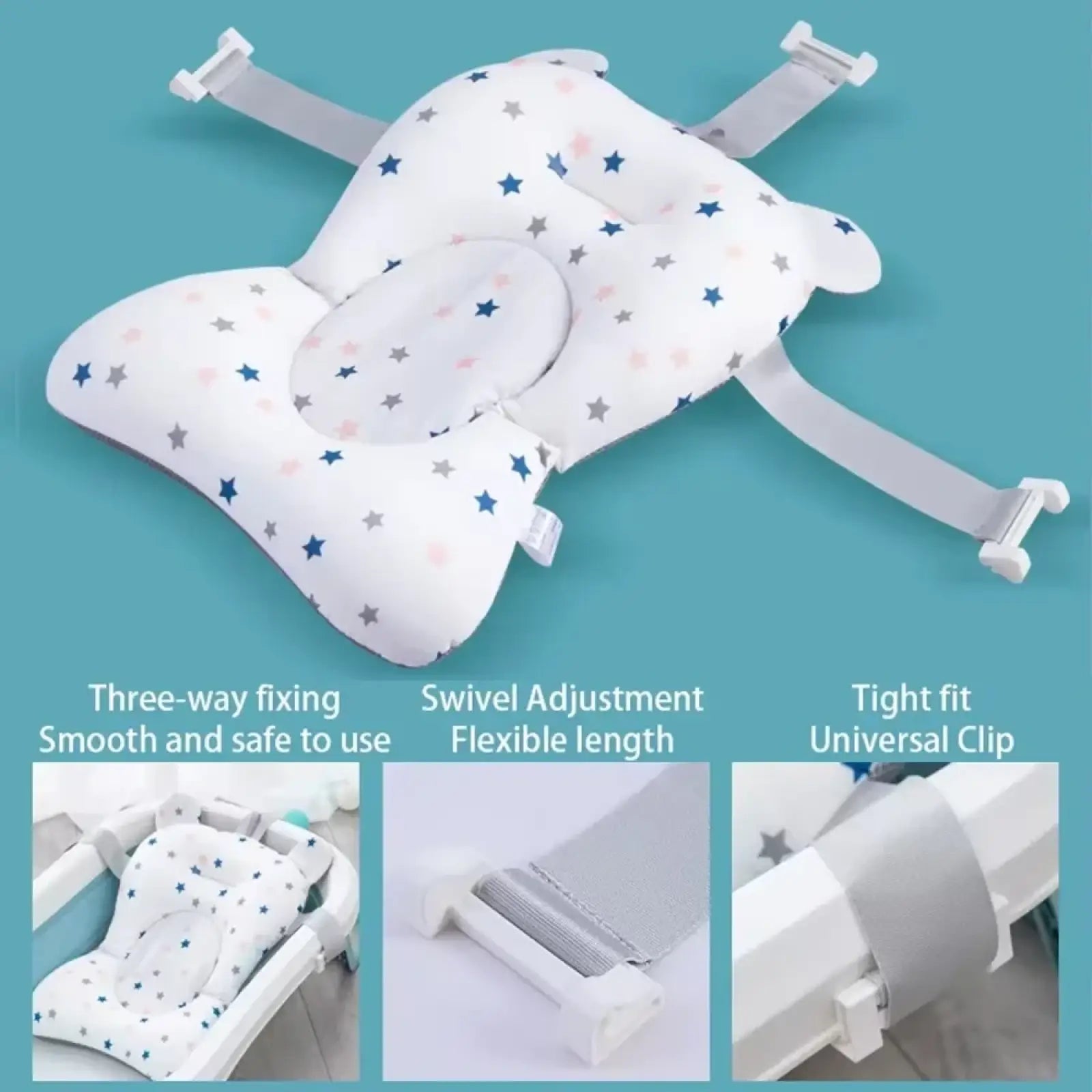 White star-patterned baby bath seat floating newborn tub support cushion with adjustable straps and universal clip