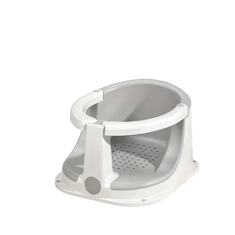 Grey plastic baby bath seat mat with white frame and perforated base for safe unisex bath time use