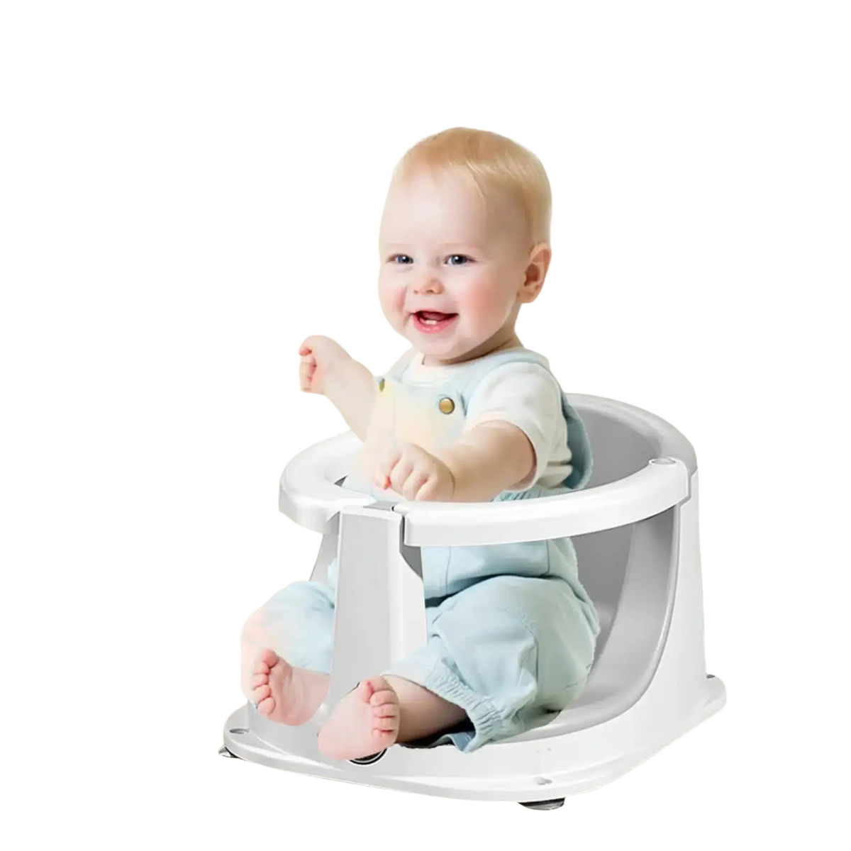 White plastic baby bath seat mat with rounded edges and low backrest for safe unisex bath time use
