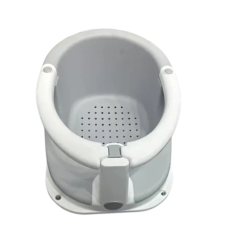 White plastic baby bath seat mat with integrated handle and perforated bottom for safe unisex bath time use