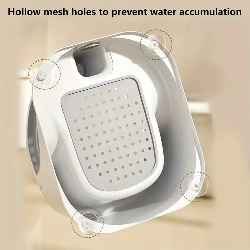 White plastic wall-mounted baby bath seat mat with perforated mesh insert for safe unisex bath time drainage