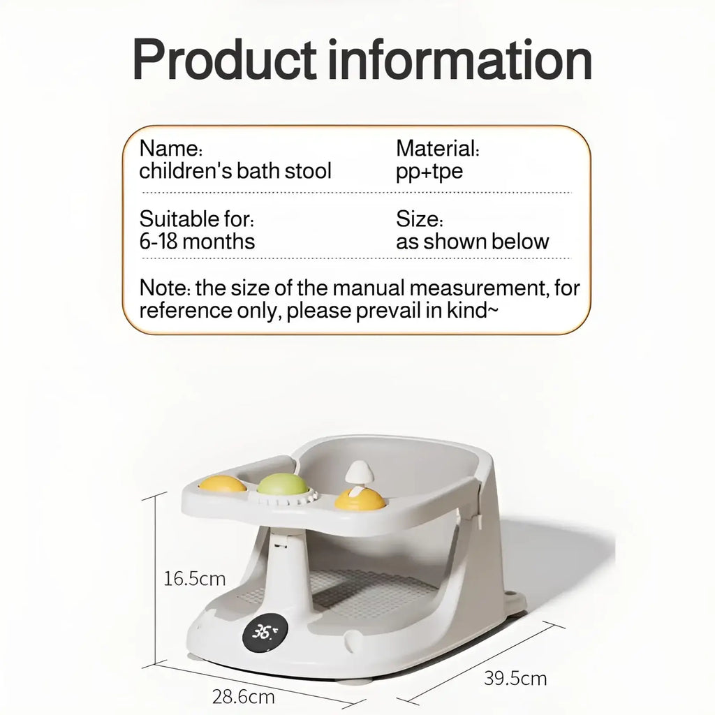 Beige plastic baby bath seat with temperature display textured surface and colorful rounded toy attachments on tray