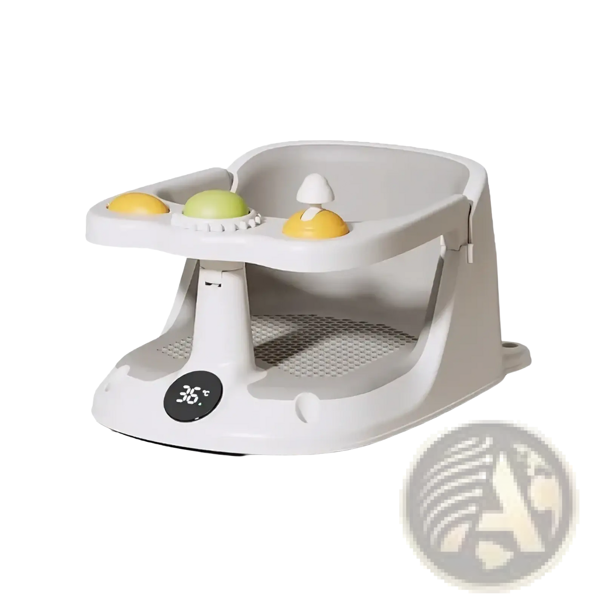 Gray plastic baby bath seat with temperature display and suction cups featuring yellow and green textured toys on tray