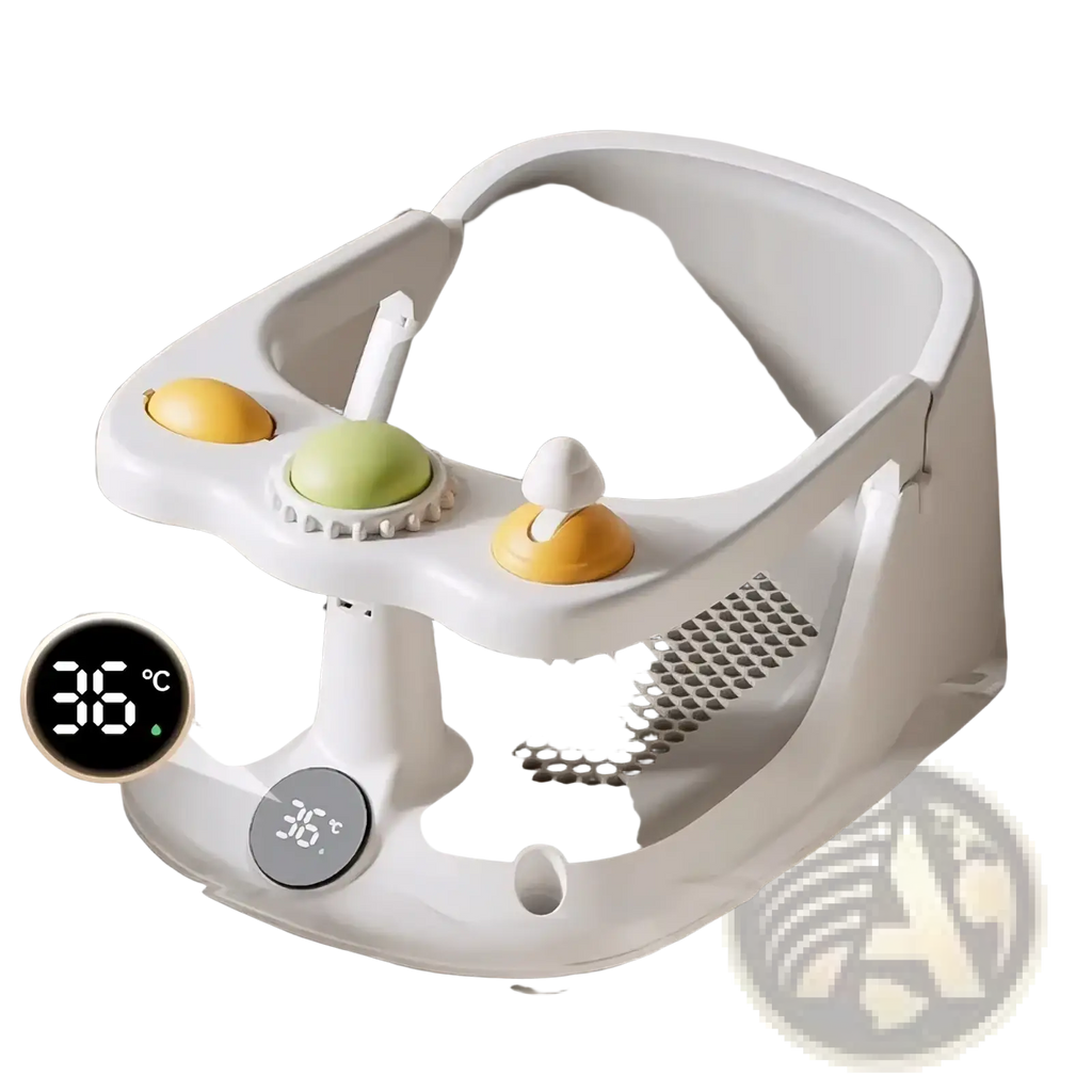 White plastic baby bath seat with colorful toy attachments and digital temperature display for safe bathing