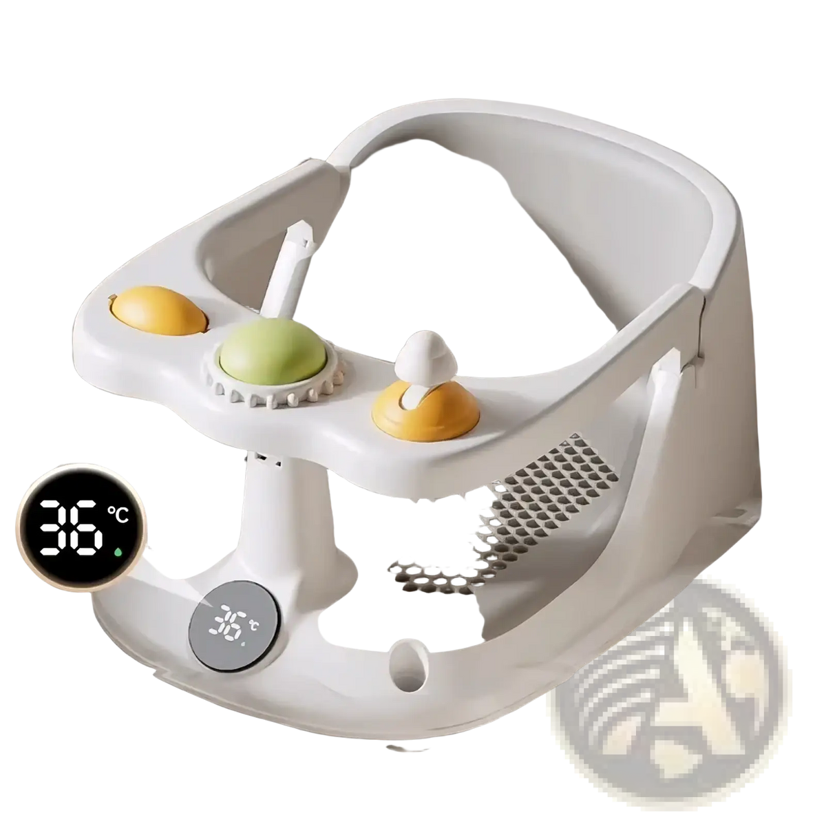 White plastic baby bath seat with colorful toy attachments and digital temperature display for safe bathing