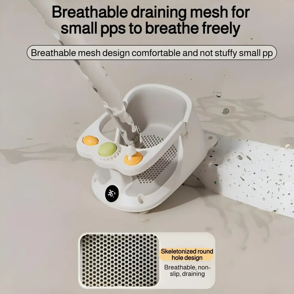 White plastic baby bath seat with orange and green textured buttons breathable mesh design and temperature display