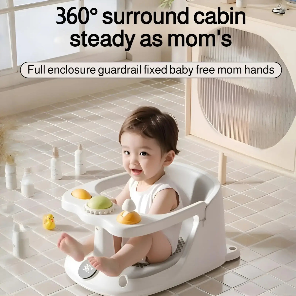 White plastic baby bath seat with temperature display, suction cups, rounded edges, and colorful toy attachments