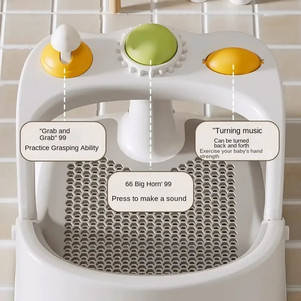 White plastic baby bath seat with temperature display suction cups and yellow green textured music buttons
