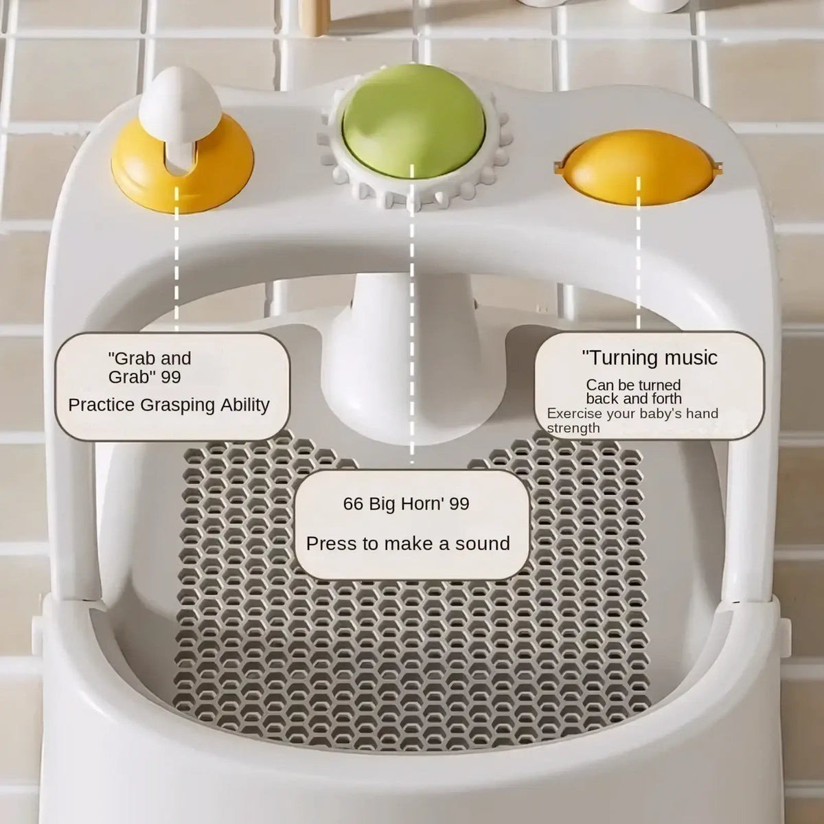 White plastic baby bath seat with temperature display suction cups and yellow green textured music buttons