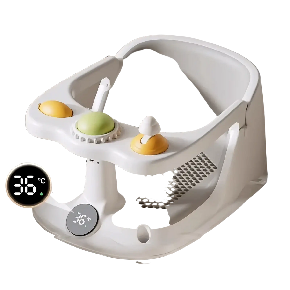 White plastic baby bath seat with colorful toy attachments and digital temperature display for safe bathing