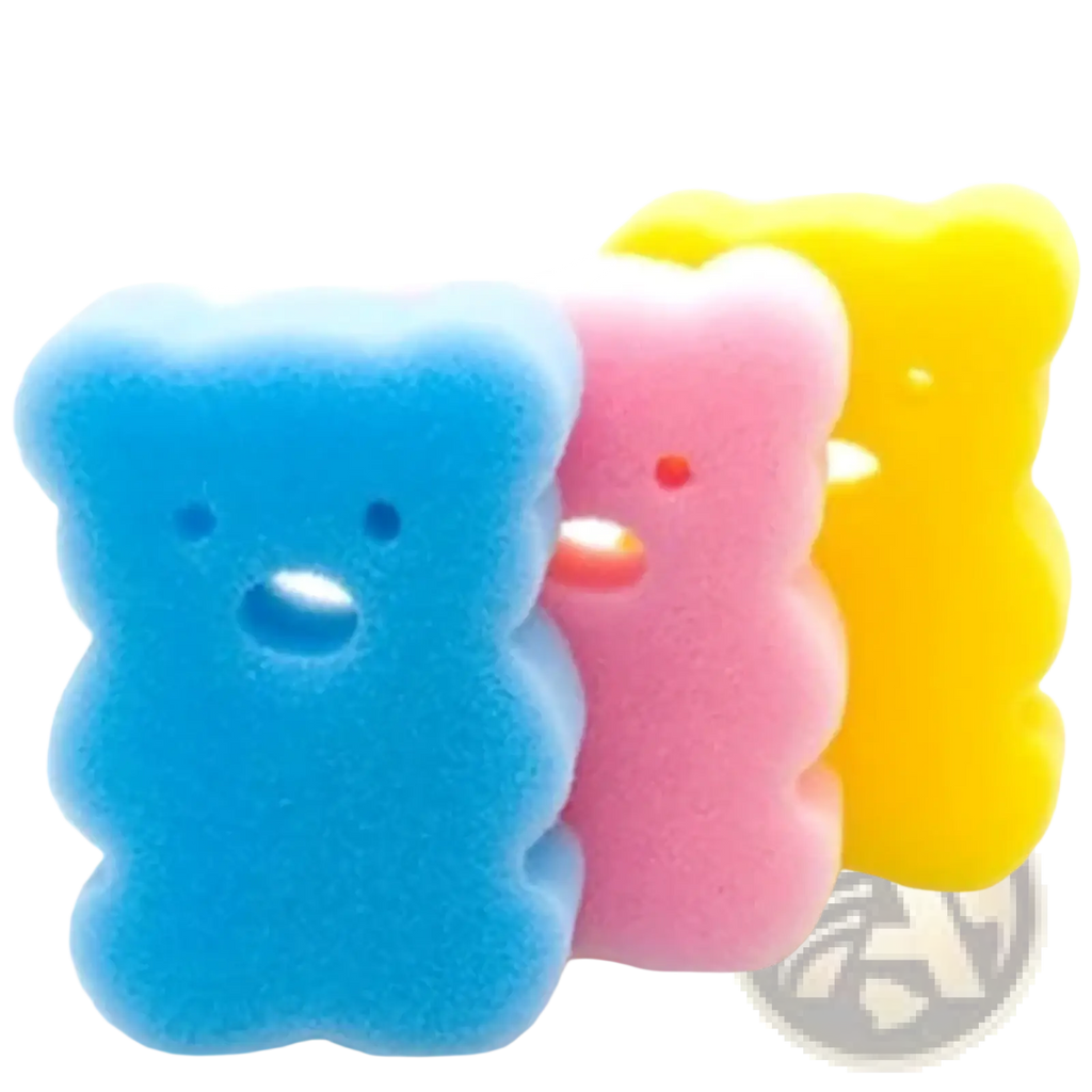 Baby bath sponge animal mitt made of soft foam in blue pink and yellow with cute bear faces for gentle shower use