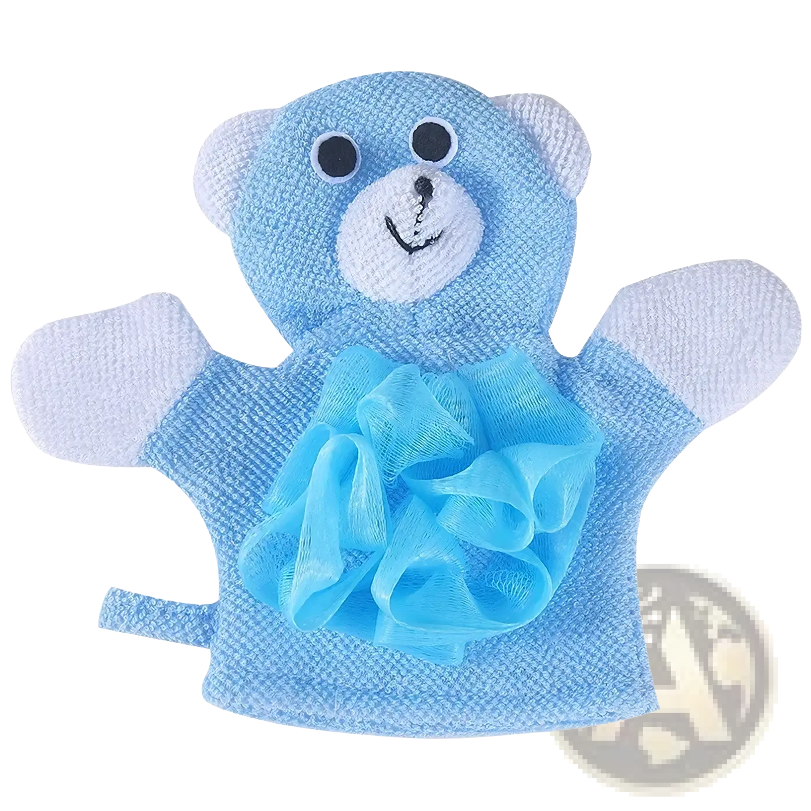 Light blue teddy bear-shaped baby bath sponge animal mitt with white accents and matching mesh loofah for soft shower use