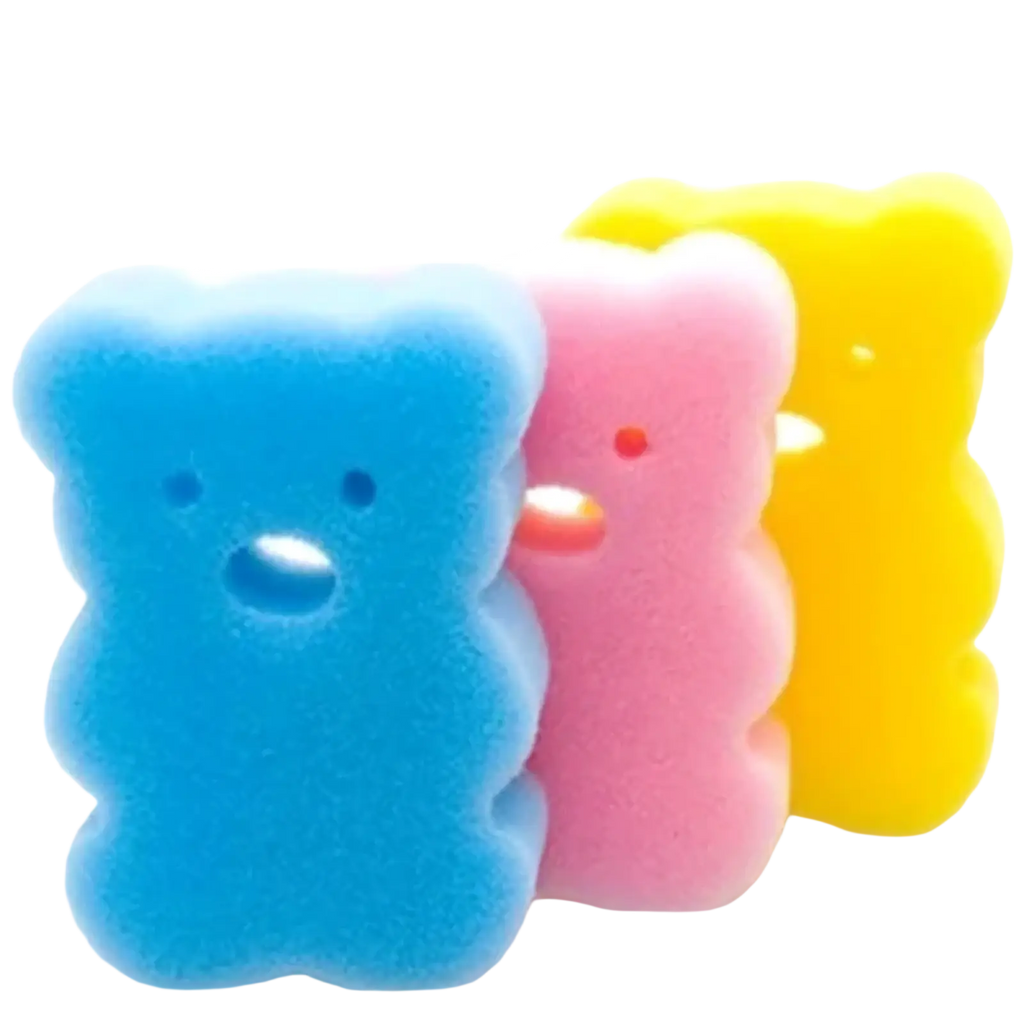Baby bath sponge animal mitt made of soft foam in blue pink and yellow with cute bear faces for gentle shower use