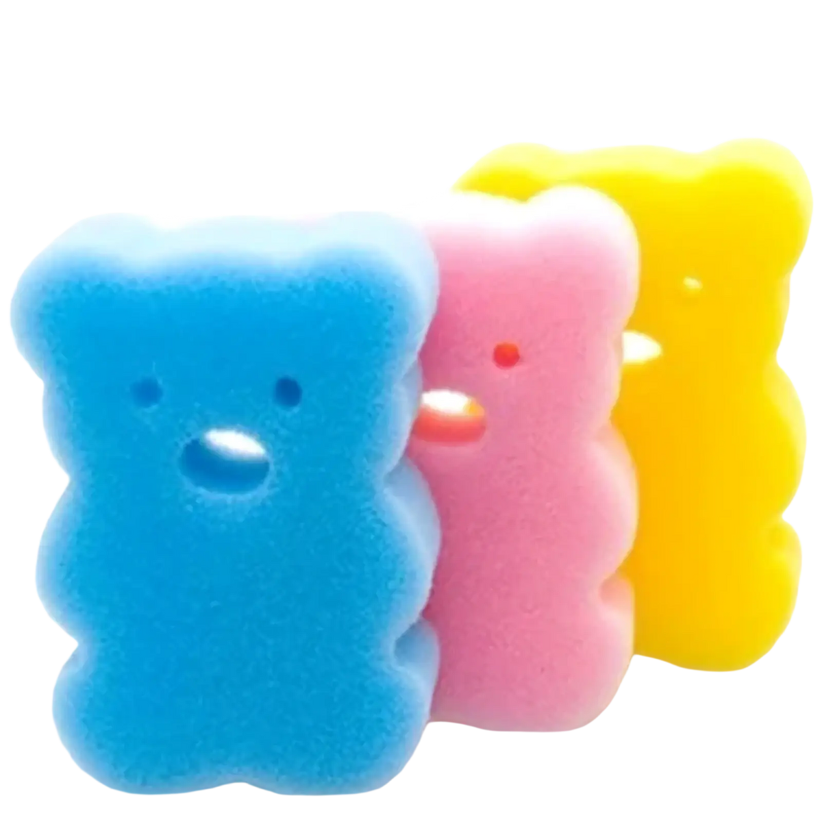 Baby bath sponge animal mitt made of soft foam in blue pink and yellow with cute bear faces for gentle shower use