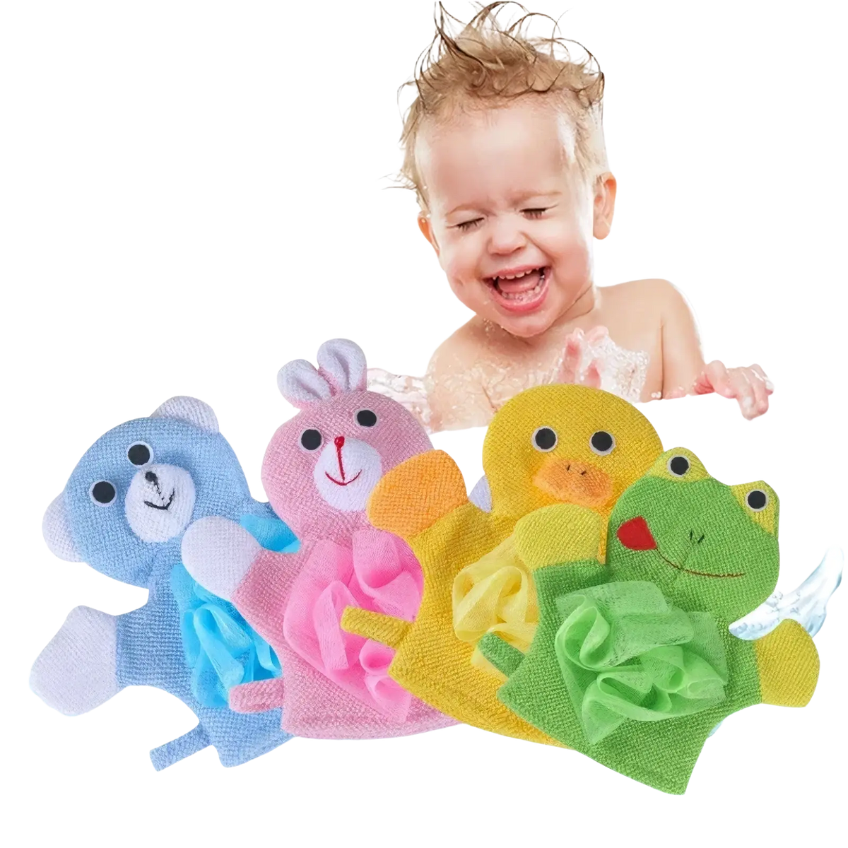 Colorful baby bath sponge animal mitts in blue pink yellow and green soft shower towel for gentle bathing